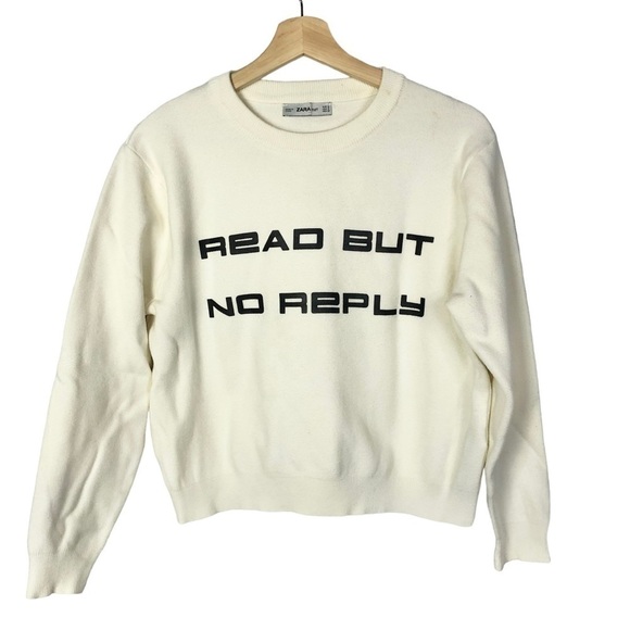 Zara Knit White Read But No Reply Crewneck Sweater S - Picture 2 of 4